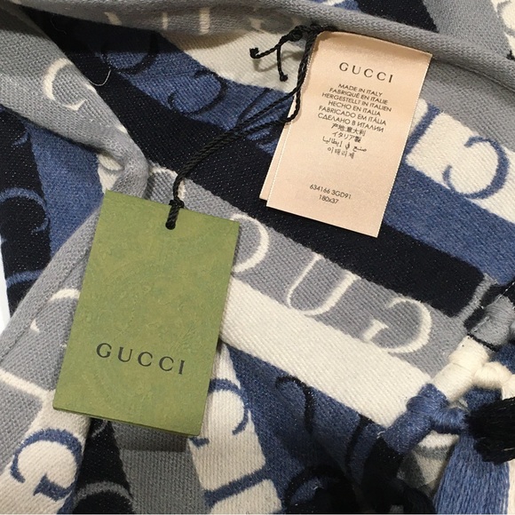 AUTHENTIC GUCCI WOOL STRIPED LONG SCARF -GREY / BLUE -NWT - Picture 6 of 7